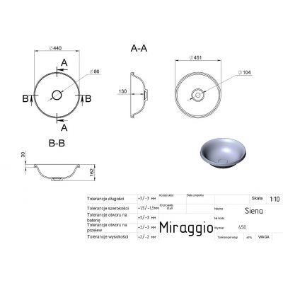 Miraggio Siena Mirastone umywalka 45,1 cm okrągła wpuszczana szary mat 8813476