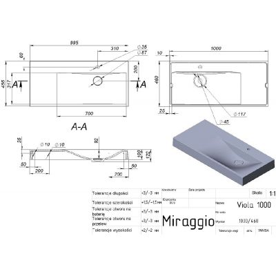 Miraggio Viola Mirastone umywalka 120x46 cm prostokątna ścienna czarny mat 8813480