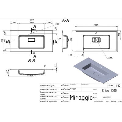 Miraggio Erica Mirasoft umywalka 100x50 cm prostokątna wpuszczana biały mat 8813496