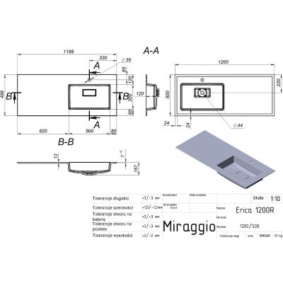 Miraggio Erica R Matt umywalka 120x50 cm prostokątna wpuszczana biały mat 8813497