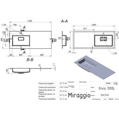 Miraggio Erica L Matt umywalka 120x50 cm prostokątna wpuszczana biały mat 8813568