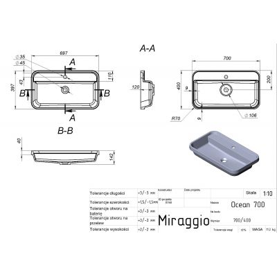 Miraggio Ocean 700 Mirasoft umywalka 70x40 cm prostokątna wpuszczana biały mat 8813682