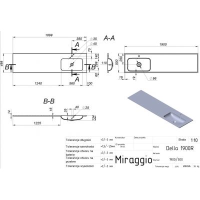 Miraggio Della R Matt umywalka 190x50 cm prostokątna wpuszczana biały mat 8813763