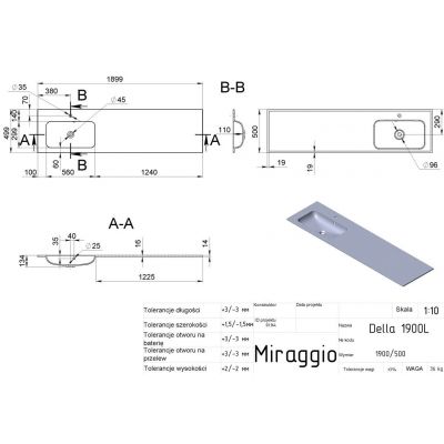 Miraggio Della L umywalka 190x50 cm prostokątna wpuszczana biała 8813772