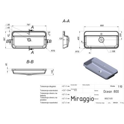 Miraggio Ocean 800 Matt umywalka 80x40 cm prostokątna wpuszczana biały mat 8813823