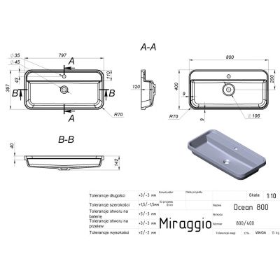Miraggio Ocean 800 Mirasoft umywalka 80x40 cm prostokątna wpuszczana biały mat 8813824