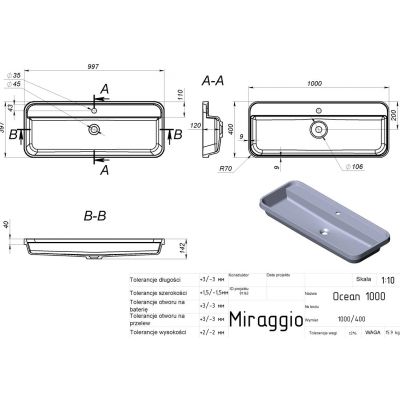 Miraggio Ocean 1000 Matt umywalka 100x40 cm prostokątna wpuszczana biały mat 8813863