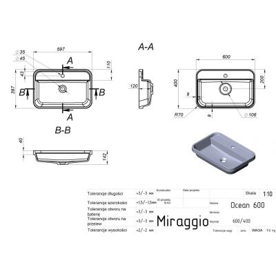 Miraggio Ocean 600 umywalka 60x40 cm prostokątna wpuszczana biały mat 8813901