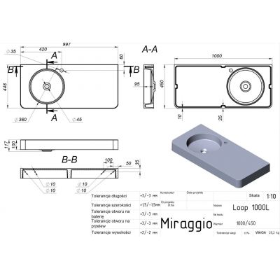 Miraggio Loop L Matt umywalka 100x45 cm prostokątna ścienna biały mat 8813977