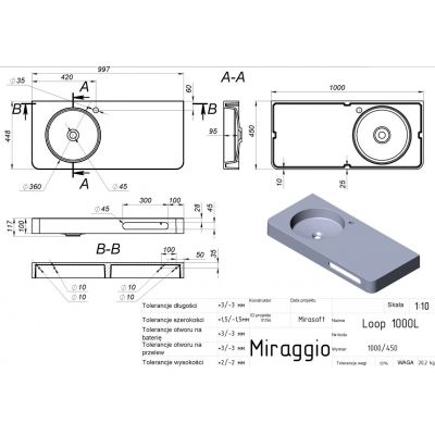 Miraggio Loop umywalka 100x45 cm prostokątna ścienna biały mat 8813978
