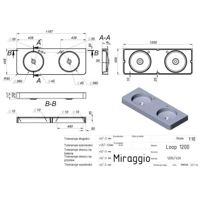 Miraggio Loop 1200-2 umywalka 120x45 cm prostokątna ścienna biała 8814001