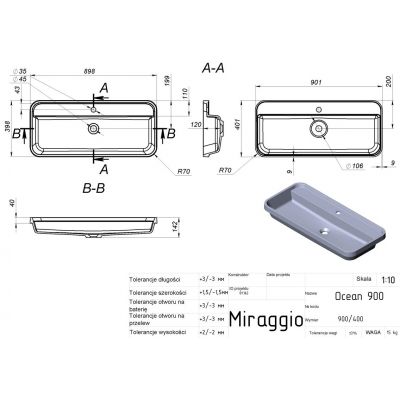 Miraggio Ocean umywalka 90x40 cm prostokątna wpuszczana biały mat 8814008