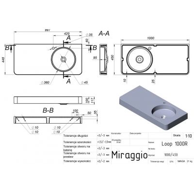 Miraggio Loop R Matt umywalka 100x45 cm prostokątna ścienna biały mat 8814191