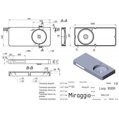 Miraggio Loop R Mirasoft umywalka 100x45 cm prostokątna ścienna biały mat 8814192
