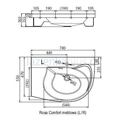 Umywalka meblowa 78 cm prawa Ravak Rosa Comfort N P XJ8P11N0000