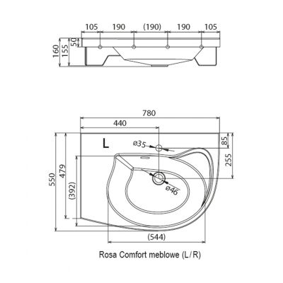 Ravak Rosa Comfort N P umywalka meblowa 78 cm prawa biała XJ8P11N0000