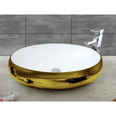 Rea Melania Gold umywalka 60x40,5 cm nablatowa owalna biała/złota REA-U1050