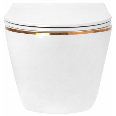 Rea Carlo Mini miska WC wisząca z deską sedesową wolnoopadającą biała/złota REA-C1222
