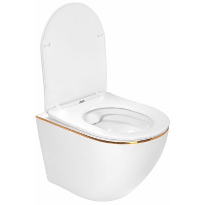 Rea Carlo Mini miska WC wisząca z deską sedesową wolnoopadającą biała/złota REA-C1222