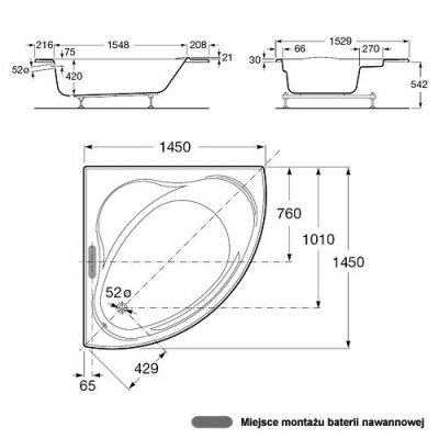 Wanna narożna 145 x 145 cm biała Roca Bali-N A247661000