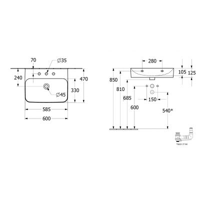 Villeroy & Boch Finion umywalka 60x47 cm prostokątna ścienna CeramicPlus Pure Black 416864R7