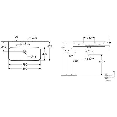 Villeroy & Boch Finion umywalka 80x47 cm prostokątna ścienna CeramicPlus Pure Black 416884R7