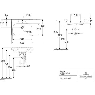 Villeroy & Boch Skyla umywalka 60x46 cm prostokątna meblowa Weiss Alpin 5A516101