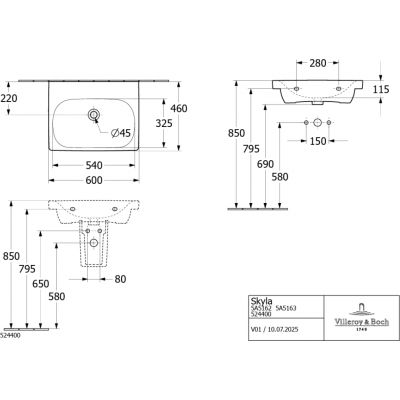Villeroy & Boch Skyla umywalka 60x46 cm prostokątna meblowa Weiss Alpin 5A516201