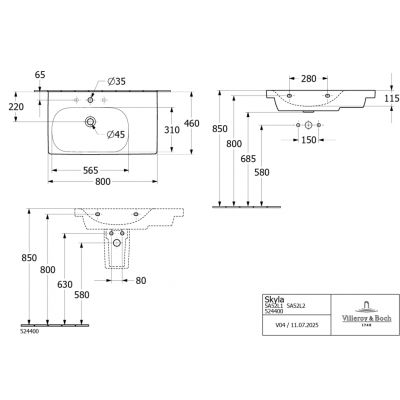 Villeroy & Boch Skyla umywalka 80x46 cm prostokątna meblowa lewa CeramicPlus Weiss Alpin 5A52L1R1