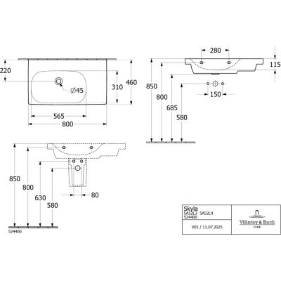 Villeroy & Boch Skyla umywalka 80x46 cm prostokątna meblowa lewa Weiss Alpin 5A52L401