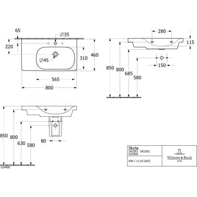 Villeroy & Boch Skyla umywalka 80x46 cm prostokątna meblowa prawa CeramicPlus Stone White 5A52R1RW