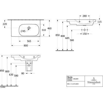 Villeroy & Boch Skyla umywalka 80x46 cm prostokątna meblowa prawa Weiss Alpin 5A52R301