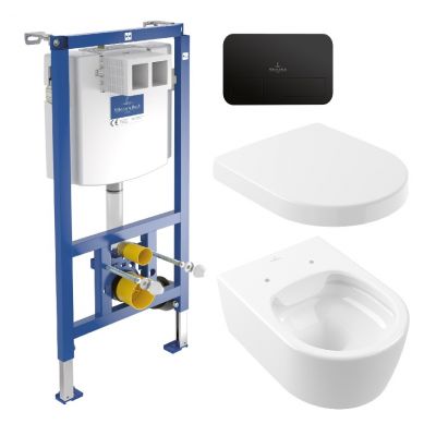 Zestaw Villeroy & Boch  Avento miska WC wisząca bez kołnierza z deską wolnoopadającą i stelażem podtynkowym z przyciskiem biały/czarny mat (5656R001, 9M77C101, 92246100, 922490AN)