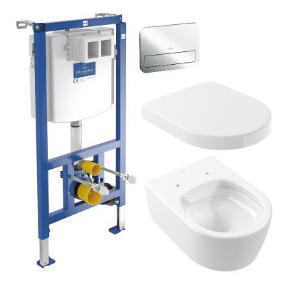 Zestaw Villeroy & Boch Avento miska WC wisząca bez kołnierza z deską wolnoopadającą i stelażem podtynkowym z przyciskiem biały (5656R001, 9M77C101, 92246100, 92249061)