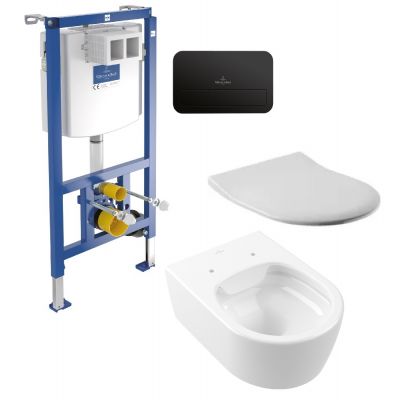 Zestaw Villeroy & Boch Avento miska WC wisząca bez kołnierza z deską wolnoopadającą i stelażem podtynkowym z przyciskiem biały/czarny mat (5656R001, 9M87S101, 92246100, 922490AN)