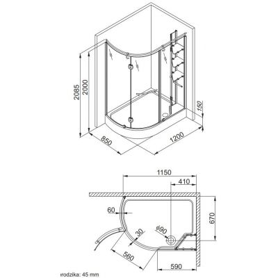 Aquaform Etna zestaw kabina prysznicowa 120x85 cm z brodzikiem asymetrycznym 105-14098