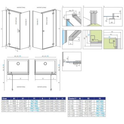 Radaway Essenza Gold KDJ drzwi prysznicowe 90 cm uchylne złoty połysk/szkło przezroczyste 1385044-09-01L