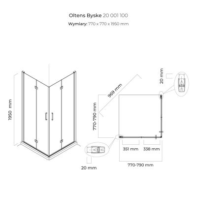 Zestaw Oltens Byske kabina prysznicowa 80 cm kwadratowa z brodzikiem Superior chrom/szkło przezroczyste (20001100, 17002000)