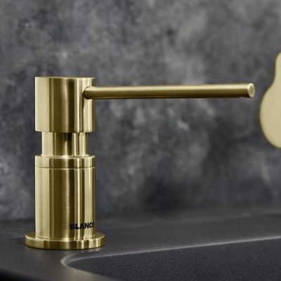 Zestaw Blanco Fontas II bateria kuchenna stojąca dozownik do płynu 300 ml blatowy złoty satynowy z zestawem filtrującym wodę (526692, 526699, 527453)