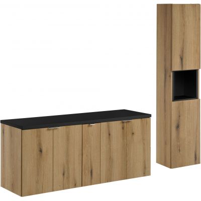 Zestaw Comad Nova Oak/Black szafki 60 cm, 60 cm i 20 cm z blatem meblowym 140 cm dąb/czarny z szafką boczną wysoką i regałem SET-NOA B BLACK 140CM D HC