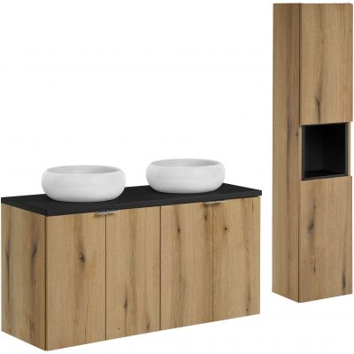 Zestaw Comad Nova Oak/Black szafki 60 cm i 60 cm z blatem meblowym 120 cm dąb/czarny, dwie umywalki Wiki 36x36 cm białe i szafka boczna wysoka z regałem SET-NOA B BLACK 120CM D UN WIKI SW HC