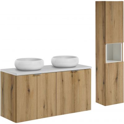 Zestaw Comad Nova Oak/White szafki 60 cm i 60 cm z blatem meblowym 120 cm, dwie umywalki Wiki 36x36 cm i szafka boczna wysoka dąb/biały SET-NOA B WHITE 120CM D UN WIKI SW HC