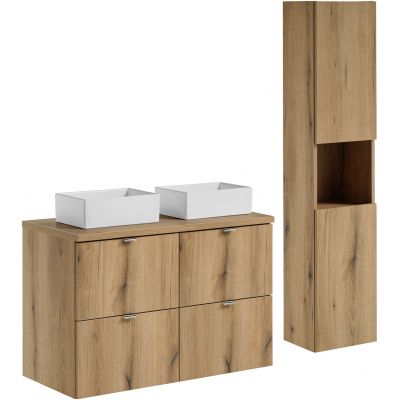 Zestaw Comad Nova Oak szafki 50 cm i 50 cm z blatem meblowym 100 cm dąb, dwie umywalki Gaja 35x22 cm białe i szafka boczna wysoka SET-NOA B OAK 100CM S UN GAJA SW HC