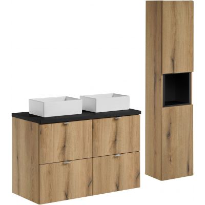 Zestaw Comad Nova Oak/Black szafki 50 cm i 50 cm z blatem meblowym 100 cm dąb/czarny i dwie umywalki Gaja 35x22 cm białe z szafką boczną wysoką i regałem SET-NOA B BLACK 100CM S UN GAJA SW HC