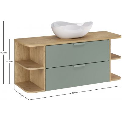 Zestaw Comad Aster Green szafka 80 cm podumywalkowa wisząca z blatem 120 cm, dwoma regałami 20 cm otwartymi i umywalką zielony/dąb SET-ASG B CREMONA 120CM LRSM UN CLOUD