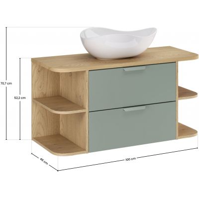 Zestaw Comad Aster Green szafka 60 cm podumywalkowa wisząca z blatem 100 cm, dwoma regałami 20 cm otwartymi i umywalką zielony/dąb SET-ASG B CREMONA 100CM LRSM UN CLOUD