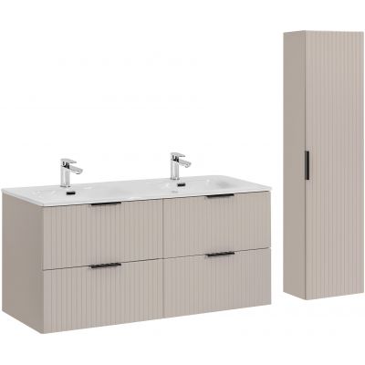 Comad Adel Cashmere zestaw mebli łazienkowych szafka 120 cm podumywalkowa wisząca z umywalką meblową i szafka wysoka 140 cm boczna beżowa SET-ADC 120CM SKY HIGH CABINET