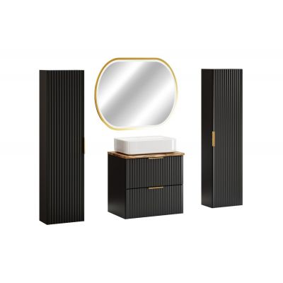 Zestaw Comad Adel Black szafka 60 cm z blatem i umywalką Magic 2 z dwiema szafkami bocznymi wysokimi i lustro czarny/dąb/biały SET-ADB B NAT WOTAN 60CM UN MAGIC HC