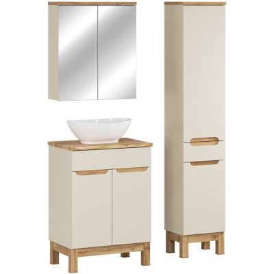 Comad Bali Cashmere zestaw meblowy 60 cm szafka stojąca z umywalką Lola, szafka wysoka boczna i lustrzana kaszmir/dąb/biały SET-BAC B NAT WOTAN 60CM UN LOLA HC MC