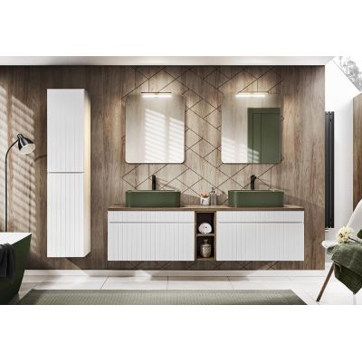Comad Iconic White zestaw mebli łazienkowych szafka 180 cm podumywalkowa wisząca z umywalkami, szafka wysoka 160 cm i lustra SET ICW-B 180 CM KAMA A07